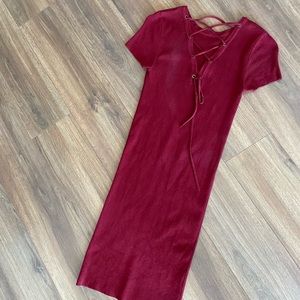BERSHKA fitted lace back mini dress (in burgundy)